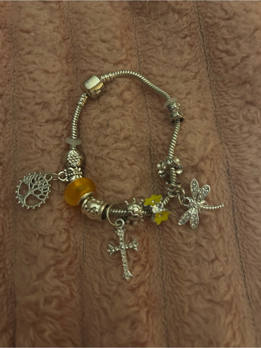 Silver Charm Bracelet with Yellow Bead and Dragonfly Charm